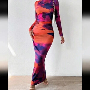 Tie Dye Mock Neck Ruched Side Bodycon Dress